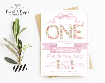 ONE, watercolor flower one, preppy pink birthday invitation, pink bow invitation, bows first birthday, grand millenial first birthday