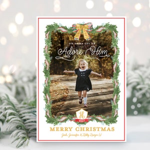 Weihnachtskarte grandmillennial, Grandmillennial urlaub, adrette weihnachtskarte, Tartan weihnachten, Fotokarte weihnachten, Let us adore him