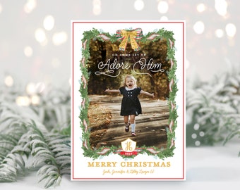Christmas Card grandmillennial, Grandmillennial holiday, preppy christmas card, Tartan christmas, photo card christmas, Let us adore him