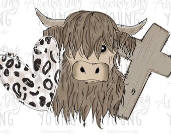 Leopard Heart Highland Cow and Cross PNG Design File | Sublimation DTF Screen Print Transfer Digital File | Instant Download