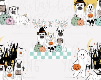 Bundle Halloween Retro Ghost Dogs PNG, Ghost Dogs png, Halloween Dogs, Pumpkins and Dogs png, DTF Sublimation Halloween Dogs Designs