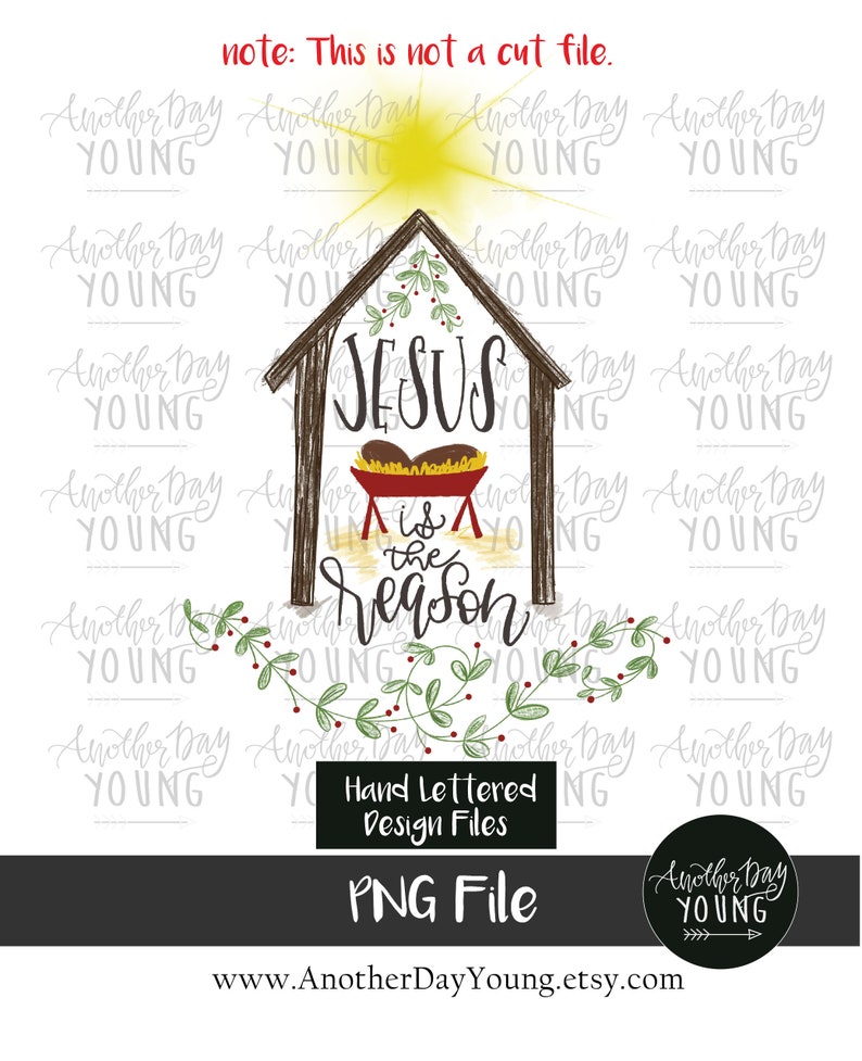 May include: A hand-lettered design featuring a manger with the words "Jesus is the reason" and a star above. The design is surrounded by greenery and the words "Another Day Young" are repeated in the background.