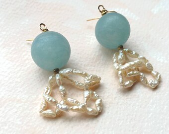 Blue glass and pearl net earrings
