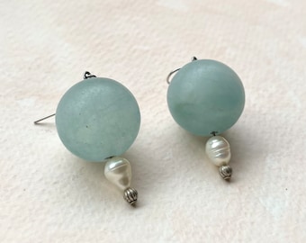 Blue Glass and Pearl Earrings