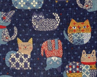 Cute Cats - Navy, Gold Accents Japanese Traditional Homespun Fabric