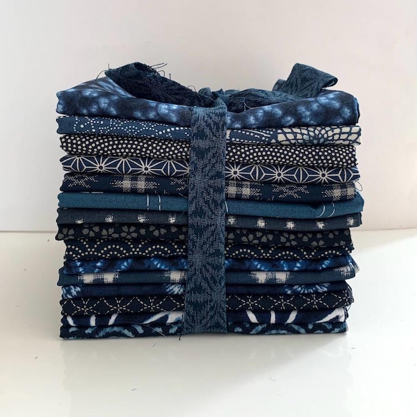 15 Indigo Blue Japanese Fat Eighth Fabric Bundle