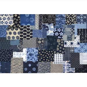 50 Indigo Blue and White Pieces Cotton Patchwork Boro Fabric Bundle