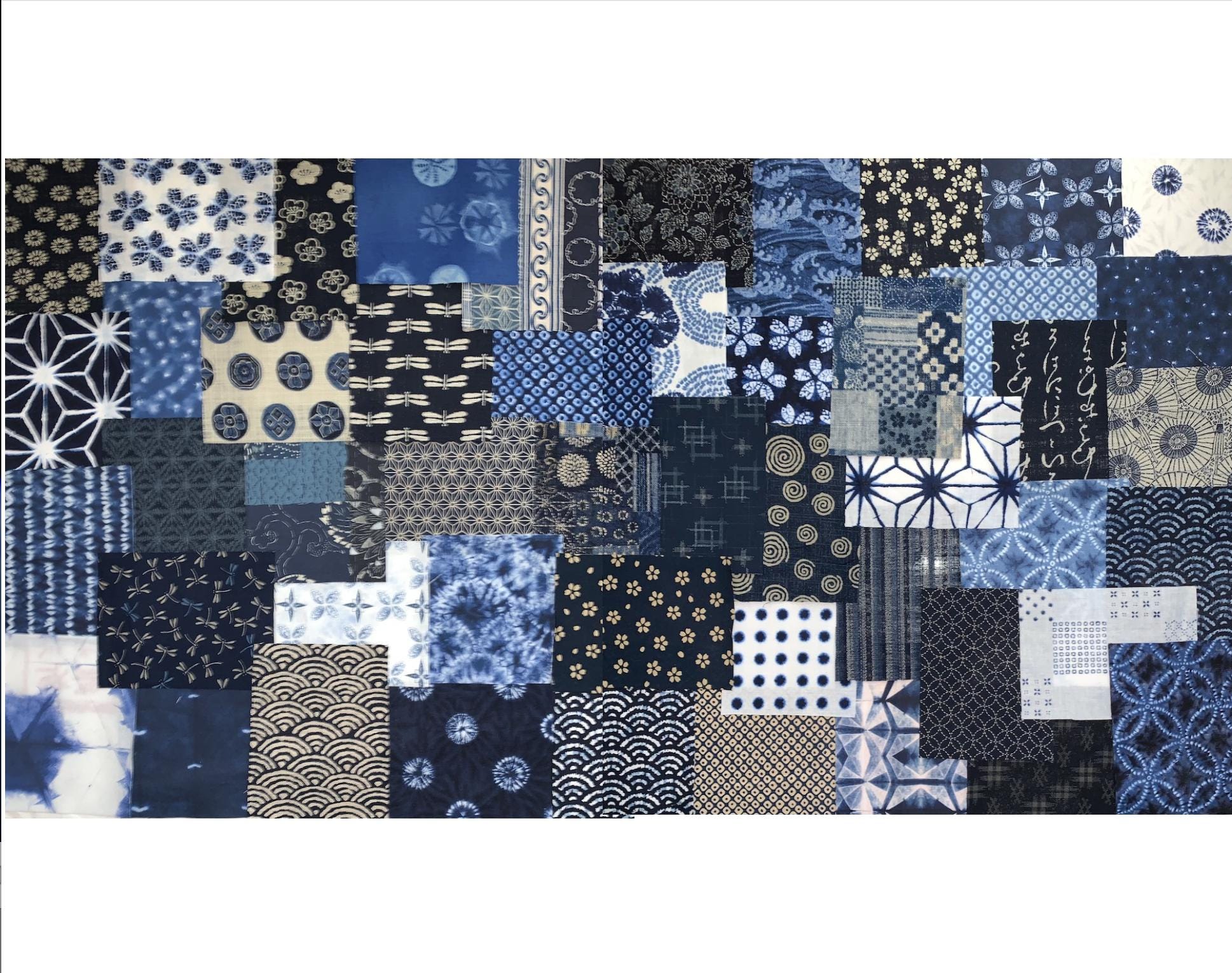 インディゴブルーとホワイトのコットンパッチワークボロ生地50枚セット