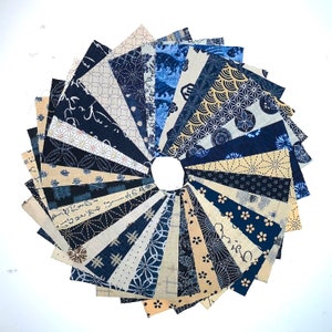 30 Patchwork Japanese Fabrics Bundle - Traditional Designs in Blue & Beige - For Boro, Quilting #724