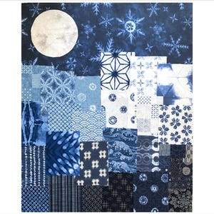 PLEINE LUNE - 25 tissus japonais Boro en patchwork de la collection #704, couture lente - Panneau 18 x 22