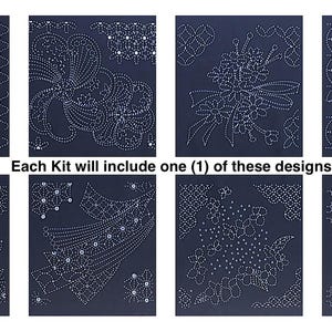 May include: Nine different embroidery designs on black fabric. Each design is outlined in white stitching. The text "Each Kit will include one (1) of these designs" is printed below the designs.