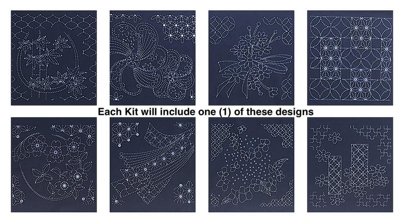 May include: Nine different embroidery designs on black fabric. Each design is outlined in white stitching. The text "Each Kit will include one (1) of these designs" is printed below the designs.
