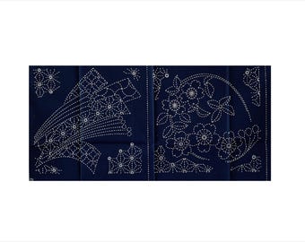 ORIGACH Set di 5 sottobicchieri Sashiko, kit da cucito tradizionale giapponese, kit di sottobicchieri fatti a mano con filo, ago e cinque diversi disegni su tessuto blu navy
