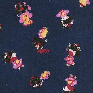 Adorable Dancing Girls in Kimono -  Navy Blue Japanese Fabric