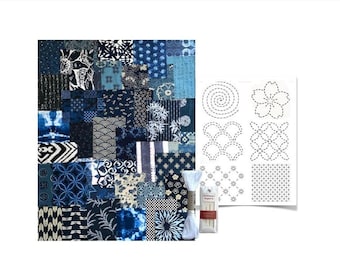 Sashiko Boro Patchwork Kit #356: 40 Piece Fabric Pack, Needles, Thread, Stick 'n Stitch Pattern Transfers