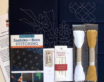 Essential Sashiko-Boro Stitching Kit: Pocket Guide (P. Cory), Pre-printed Sashiko Fabric, Needles, Thread