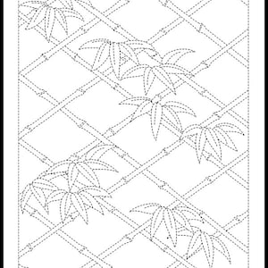 K&ouml;nnte beinhalten: Ein schwarz-wei&szlig;es Linienmuster mit einem diagonalen Gitter aus Bambusstangen. Zwischen dem Gitter sind B&uuml;schel von Bambusbl&auml;ttern verteilt, die alle in einem gestrichelten Linienstil auf einem schlichten wei&szlig;en Hintergrund dargestellt sind.