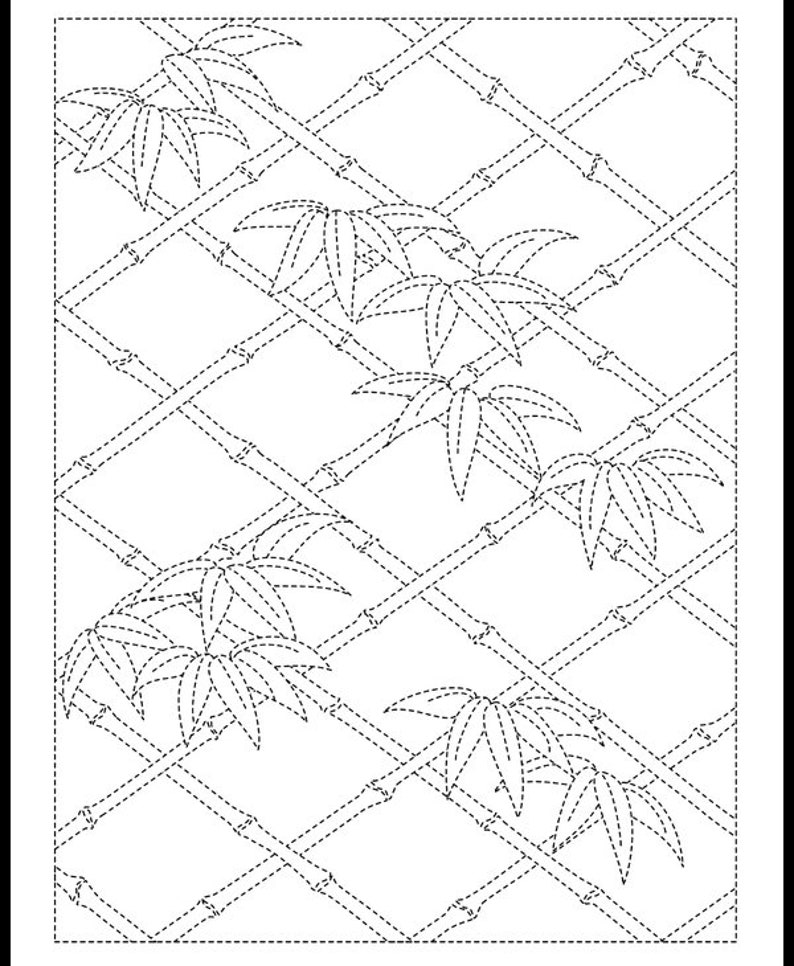 K&ouml;nnte beinhalten: Ein schwarz-wei&szlig;es Linienmuster mit einem diagonalen Gitter aus Bambusstangen. Zwischen dem Gitter sind B&uuml;schel von Bambusbl&auml;ttern verteilt, die alle in einem gestrichelten Linienstil auf einem schlichten wei&szlig;en Hintergrund dargestellt sind.