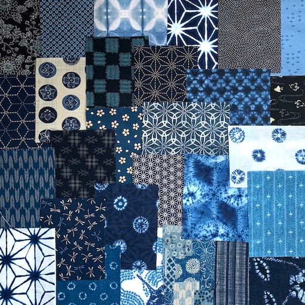 Japanese Boro Fabric Scraps - 20 Variety Indigo Cotton Pieces - Slow Stitching
