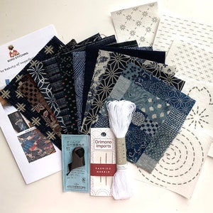 Slow Stitching Sashiko Boro Mending & Patchwork Kit: 10 Piece Fabric Pack, Needles, Thread, Thimble, Stick 'n Stitch Pattern Transfers