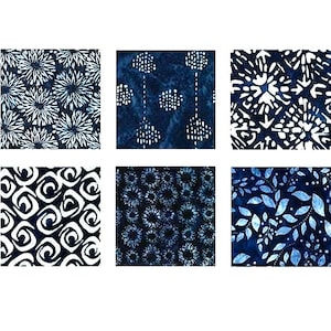 May include: A collection of six fabric swatches featuring various patterns in shades of navy blue and white. The designs include floral, geometric, and abstract motifs, offering a diverse range of textile patterns.