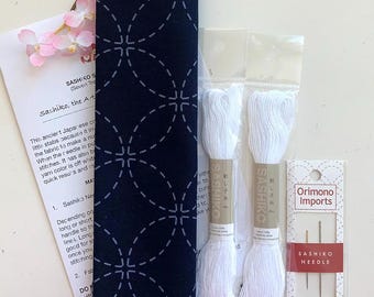 SASHIKO KIT: Seven Treasures Pre-printed Fabric, Needles, Threads - For Beginners Exclusively - #269 - Interlocking Circles