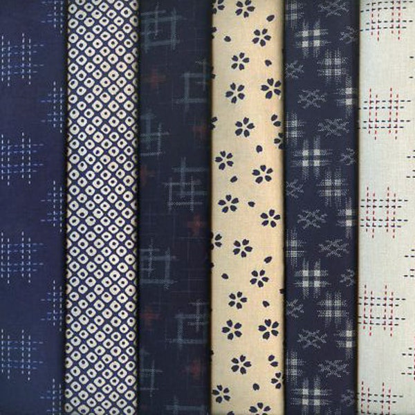 8 Japanese Indigo Blue Kasuri Fat Quarter Quilt Fabric Bundle #7:  2 Yards