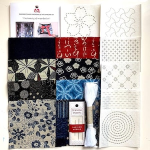 Slow Stitching Sashiko Boro Mending & Patchwork Set #355D: 8 Stück Stoffpaket, Nadeln, Faden, Stick 'n Stitch Pattern Transfers