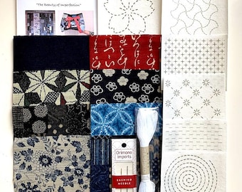 Slow Stitching Sashiko Boro Mending & Patchwork Kit #355D: 8 Piece Fabric Pack, Needles, Thread, Stick 'n Stitch Pattern Transfers