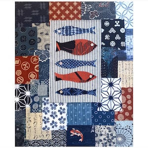 POISSON : patchwork de coutures lentes, collection Boro de tissus japonais n° 735 - 31 pièces