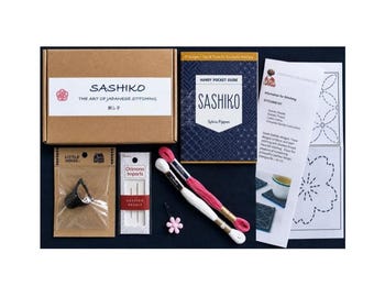 SASHIKO STARTER KIT: 2nd Edition - Sashiko Guide (Pippen), Fabric, Needles, Thread, Thimble, Threader, Stick & Stitch Patterns