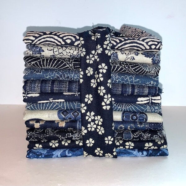 12 Indigo Blue & Cream Japanese Homespun Textured Fat Eighth Fabric Bundle #857