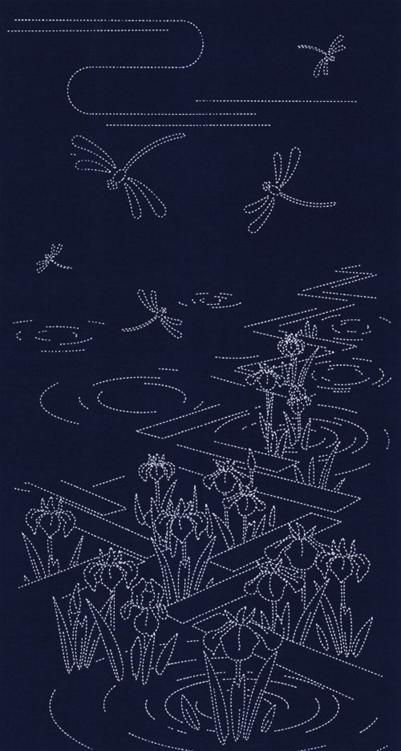 Sashiko Panel 24 x 44 Irises and Dragonflies