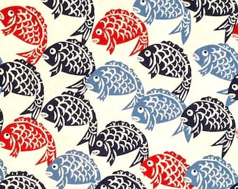 Japanese Fish Fabric – Navy Teal Red on Cream – Cotton – Quilting, Boro & Sashiko Fabric