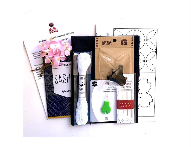 SASHIKO STARTER KIT: Sashiko Guide (Pippen), Fabric, Needles, Thread, Thimble, Threader/Cutter, Transfer Paper Bild 1