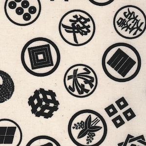 Japanese Crests - Cream & Black 100% Cotton - Quilts, Crafts