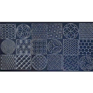 May include: A rectangular dark blue fabric panel featuring eighteen distinct squares and circles, each decorated with white stitched geometric patterns. The embroidery displays a variety of traditional repeating motifs including hexagons, spirals, and floral-inspired shapes arranged in a grid layout.