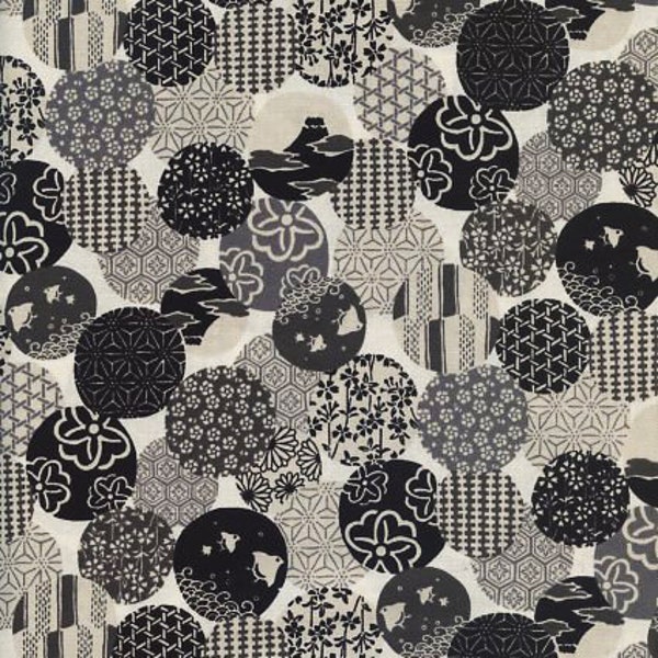 Circles of Japanese Design - Black, Gray, Cream Traditional Fabric