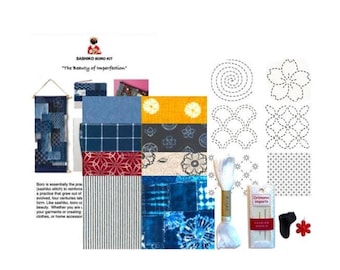 Denim Mending & Patchwork Kit: 8 Piece Fabric Pack, Needles, Thread, Stick 'n Stitch Pattern Transfers, Threader - Boro Sashiko #420