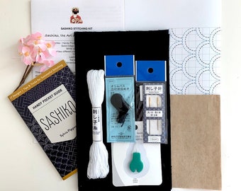 SASHIKO STARTER KIT: Sashiko Guide (Pippen), Fabric, Needles, Thread, Thimble, Threader/Cutter, Transfer Paper