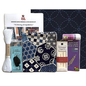 Sashiko Boro Stitching Kit - 10 Fabrics, Preprinted Design, Thread, Needles, Thimble, Threader, Glue Stick - Visible Mending - #548C