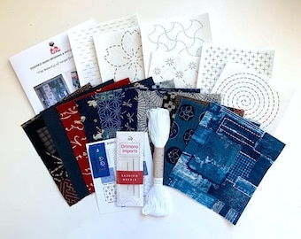 Slow Stitching Sashiko Boro Mending & Patchwork Kit #355B: 10 Piece Fabric Pack, Needles, Thread, Stick &#39;n Stitch Pattern Transfers