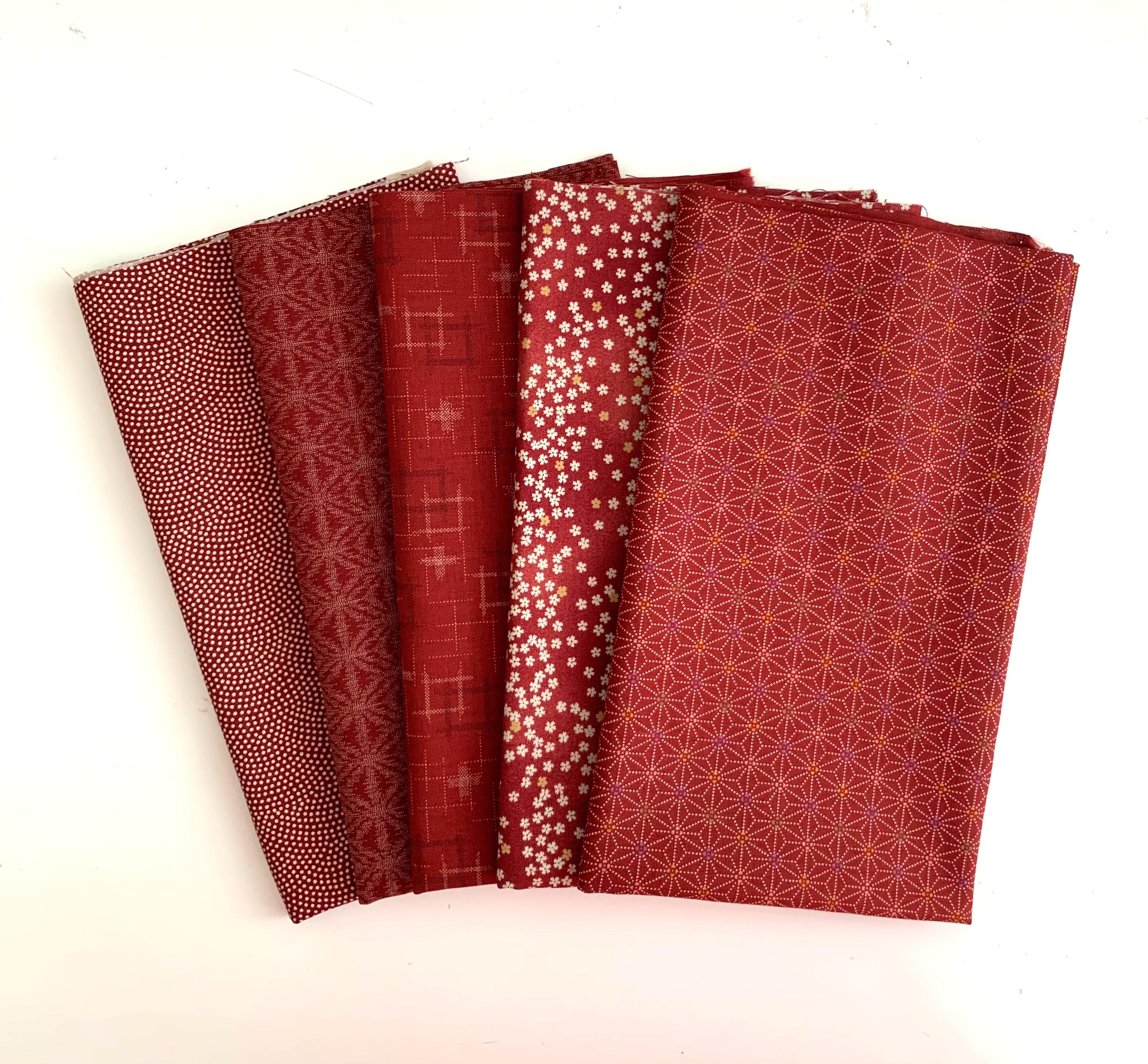 5 RED Traditional Japanese Designs - Fat Eighth OR Fat Quarter Fabric Bundle - #467
