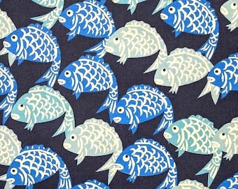 Japanese Fish Fabric – Blue Teal on Navy Blue – Cotton – Quilting, Boro & Sashiko Fabric
