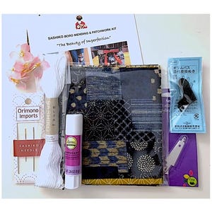 BORO STARTER KIT - 10 Piece Fabric Pack, Thread, Needles, Thimble, Threader, Glue Stick - Slow Stitching Sashiko Mending and Patchwork #548B