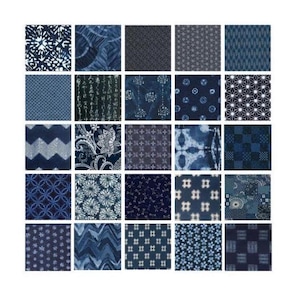 May include: A grid of twenty-five square fabric swatches featuring various indigo blue and white patterns. The collection includes geometric shapes, floral motifs, traditional Japanese shibori designs, chevron stripes, and intricate calligraphy.
