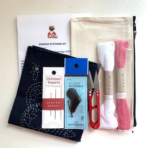 EASY SASHIKO Beginner Kit #529: Pre-printed Fabric, Needles, Threads, Thimble, Thread Clipper, Canvas Bag