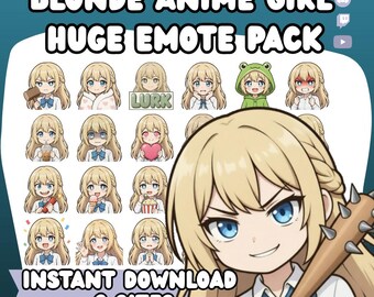 Blonde Anime Girl Twitch Emotes Pack | Long Hair Blue Eyes Stream Icons (Digital Download)