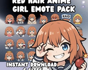 Red Haired Anime Girl Emote Pack | Streamer Icons (Digital Download)