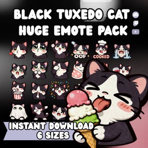 以下が含まれることがあります： 黒と白のタキシードキャット絵文字のコレクションを特徴とするデジタルグラフィック。絵文字は、アイスクリームを食べる、泣く、コック帽をかぶるなど、さまざまな表情やアクションを表示します。「BLACK TUXEDO CAT HUGE EMOTE PACK」と「INSTANT DOWNLOAD 6 SIZES」と書かれたテキスト。